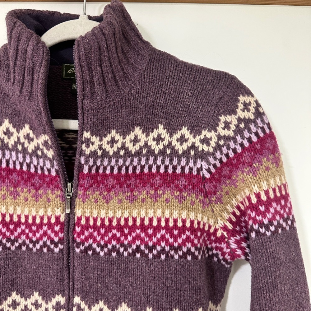 Eddie Bauer Lambswool Fair Isle Zip Up Cardigan Sweater Womens Small Purple